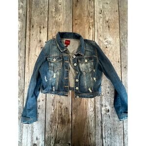 Highway Jeans Womens Cropped Distressed Denim Jacket Medium Wash Blue XL
